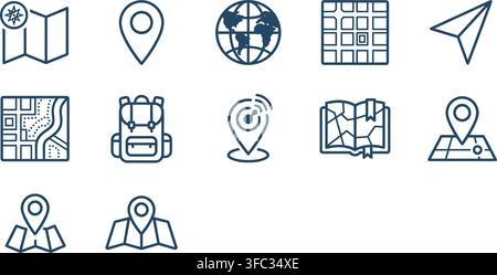 Map navigation symbols set featuring linear cartography design elements for mobile travel route planning applications. Stock Vector