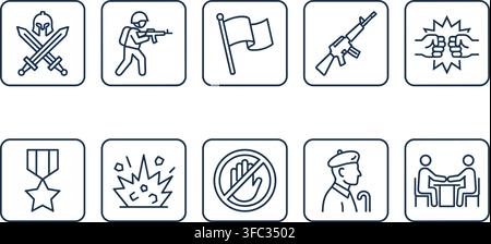 Military combat and weapon blue outline icons set including soldier shooting rifle flag medal and explosion sign. Stock Vector
