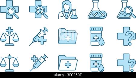 Medical research line icon collection with cross flask syringe folder scale and medicine for healthcare service. Stock Vector