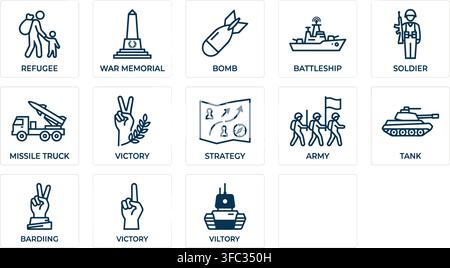 Military and war thin line icon set featuring army strategy tank missile truck and soldier on transparent background. Stock Vector