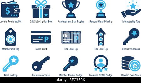 Loyalty program blue line icons set containing rewards cards points achievements and premium member profile badges. Stock Vector