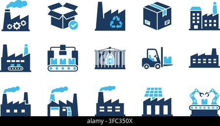 Manufacturing plant and shipping logistics vector icons in dark blue styling for smart automation and supply systems. Stock Vector