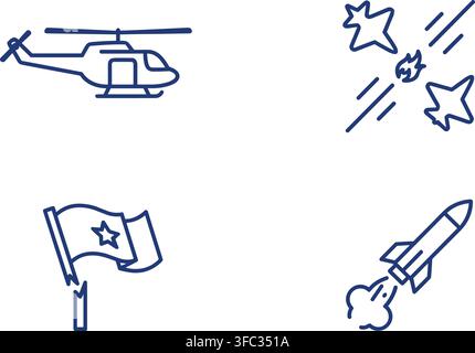 Military defense concept icons with helicopter plane crash flag and missile in blue outline for strategic security. Stock Vector