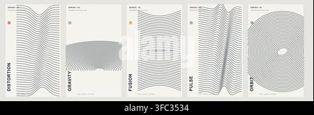 Minimalist geometric posters featuring abstract wavy line patterns in black and white for modern interior wall art. Stock Vector