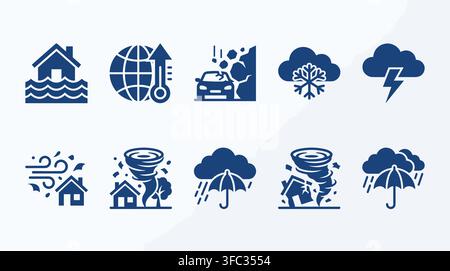 Natural disaster glyph icons set including flood global warming landslide snow storm hurricane rain wind and tornado. Stock Vector