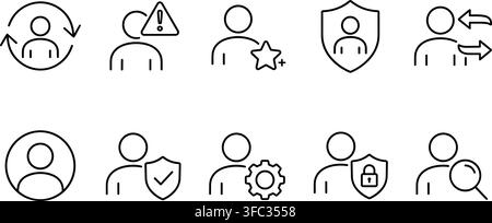 Minimalist set of black thin line user account icons for web interface including profile and security features. Stock Vector