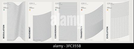 Minimalist generative line study collection featuring abstract wave patterns with geometric shapes in muted tones. Stock Vector