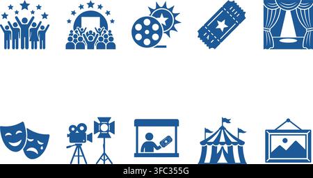 Movie and theater blue icons with audience, film reel, tickets, masks, and camera for entertainment events. Stock Vector