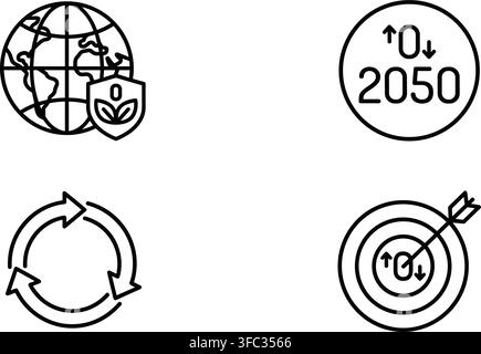 Net zero carbon emissions line icons vector target 2050 circular economy and global environmental shield symbols. Stock Vector