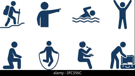 Outdoor activity blue solid pictograms with swimming jumping rope hiking eating and packing suitcase symbols. Stock Vector