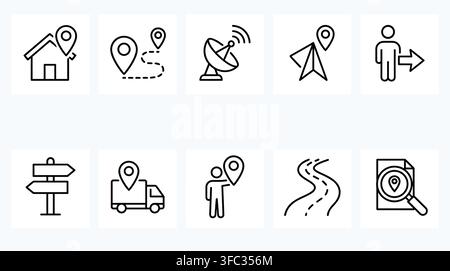 Navigation and location finder icons featuring map markers and route indicators for travel planning and logistics. Stock Vector