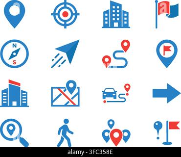 Navigation and location icons set showcasing map markers with directional symbols for geographic tracking tools. Stock Vector