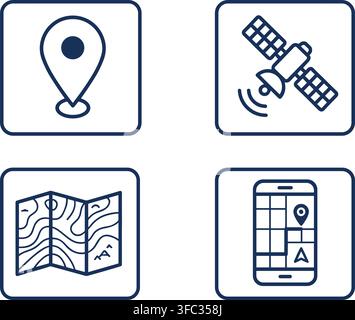 Navigation and location tracking line icons in square buttons featuring gps pin satellite physical map and smartphone. Stock Vector
