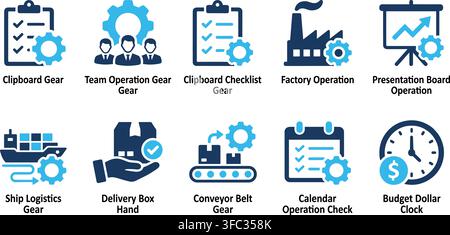 Operation management icons with various industrial and business symbols in blue and black for logistical processes. Stock Vector