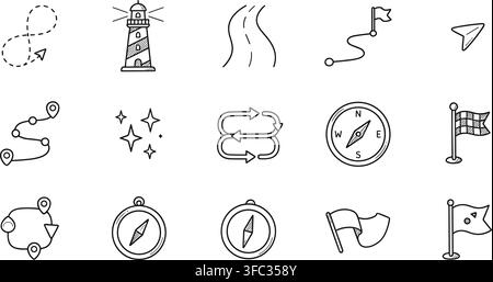 Navigation and location icons set in hand drawn doodle style featuring compasses flags roads and lighthouses. Stock Vector