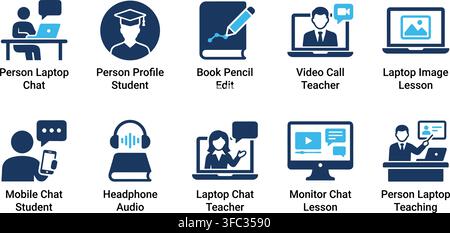 Online education icons set with blue flat design perfect for e-learning system and distance academic tutorial. Stock Vector