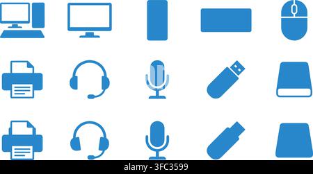 Office computer hardware icons set representing desktop peripherals and peripheral devices for technical work. Stock Vector