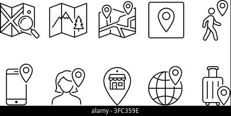 Navigation and travel map icons in outline style for location finding and journey planning for adventurers. Stock Vector