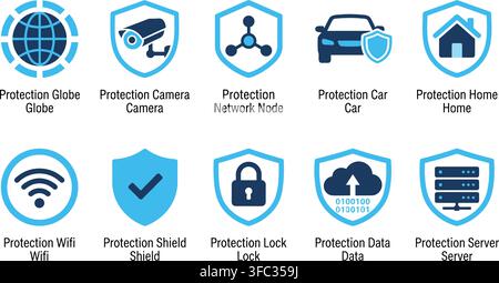 Network protection icons set features blue circular and shield elements designed for global security software apps. Stock Vector