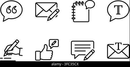 Professional communication and messaging icons featuring outline style graphics for digital content creation tools. Stock Vector