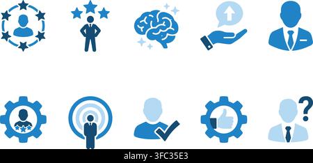 Professional business training leadership target audience feedback and human resource blue silhouette icon set. Stock Vector