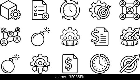Outline icons representing various business operations and management concepts for productivity and planning. Stock Vector