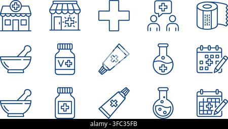 Pharmacy and medicine line icon collection with drugstore mortar ointment flask and calendar for clinic therapy. Stock Vector