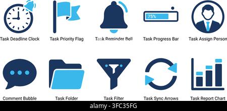Professional task management icon set with status indicators for business organization planning and tracking goals. Stock Vector