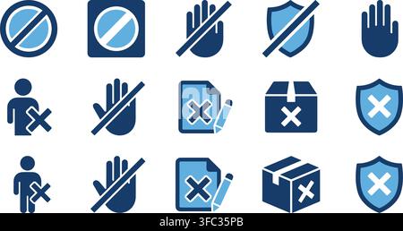 Prohibition signs and restricted access collection featuring blue shield warning icons for security policy compliance. Stock Vector