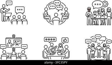 Professional office communication and business seminar line icons depicting group discussion training and team work. Stock Vector