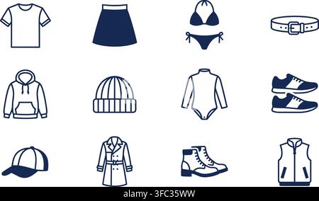 Outline icons clothing and accessories for casual or sports wear and beach activities. Stock Vector
