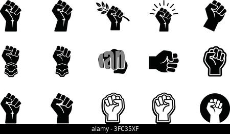 Raised clenched fist power and protest icons in solid black silhouette symbolizing strength revolution and victory. Stock Vector