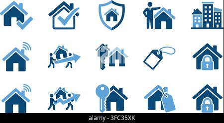 Property management and house maintenance icons featuring blue flat graphics for real estate agent service workflows. Stock Vector