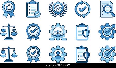 Quality control and ethical business icon collection in blue colors for corporate compliance and performance metrics. Stock Vector