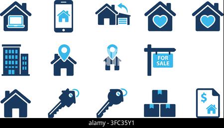 Real estate business blue flat icon set illustrating property purchase moving house keys and residential buildings. Stock Vector