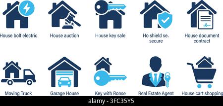 Real estate business blue icons featuring house auction mortgage key security document moving truck and shopping. Stock Vector