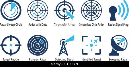 Radar sweep and target detection systems icons presenting sweep circle radar with dots target reticle and signal antenna. Stock Vector