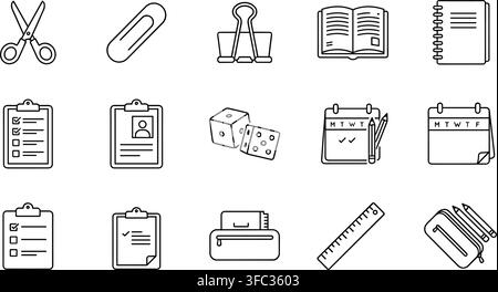 School stationery and office supplies icons set in black line art for education and study organizing accessories. Stock Vector