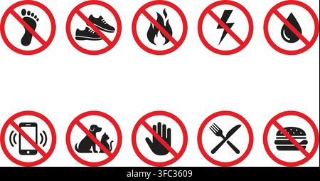Prohibition signs vector set with red warning circles for various restricted actions on transparent background. Stock Vector