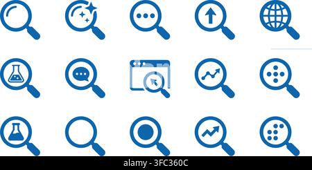 Search and data analysis flat magnifying glass vector icons in blue color scheme perfect for system web interface. Stock Vector
