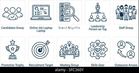 Recruitment and hiring business icons set showing workforce management employment search corporate staffing strategy. Stock Vector