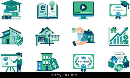 Real estate and education vector icon set featuring houses, certifications, and learning elements in teal colors. Stock Vector