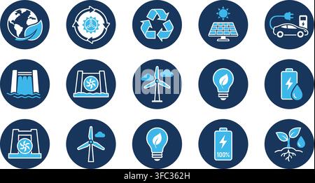 Renewable energy circle icon set in blue and white colors illustrating global sustainability and eco power systems. Stock Vector