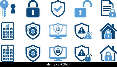 Security icons set in blue colors featuring padlocks shields keypads and houses for digital safety applications. Stock Vector