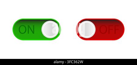 On and Off Toggle Switch Buttons UI Icons Green and Red Power Control Interface for Settings. Stock Vector
