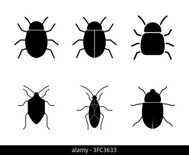 Bug Icon Set Six Black Insect Silhouettes Beetle Cockroach Stink Bug Vector Icons For Design. Stock Vector