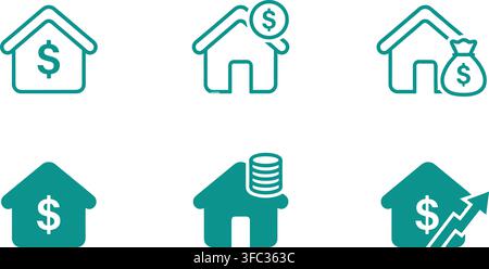 Real estate investment and house price growth icons in teal color for mortgage financial planning presentations. Stock Vector