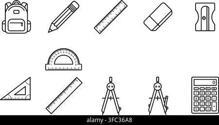 School supply icons featuring backpack ruler and pencil outlines for creative design education projects and stationery. Stock Vector