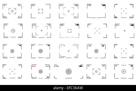 Minimal black-and-white camera viewfinder and HUD overlay set featuring recording indicators, focus reticles, frame guides and exposure readouts for v Stock Vector