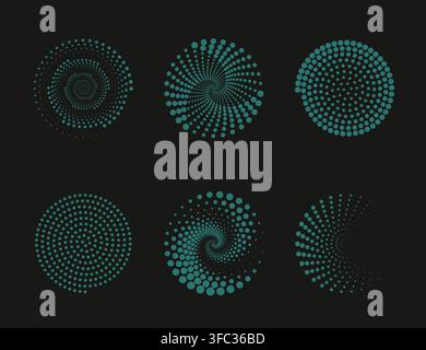 Abstract Teal Dot Spiral Halftone Circles Set Geometric Hypnotic Patterns And Retro Optical Design. Stock Vector